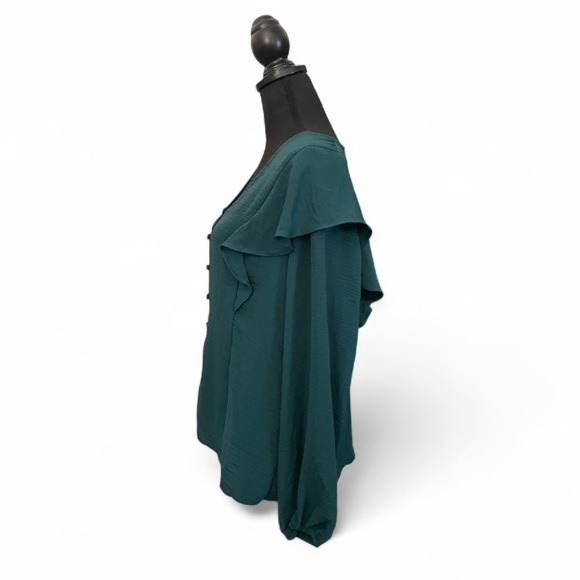 Nine West Hunter Green Button-Up V-Neck Blouse - Picture 4 of 5